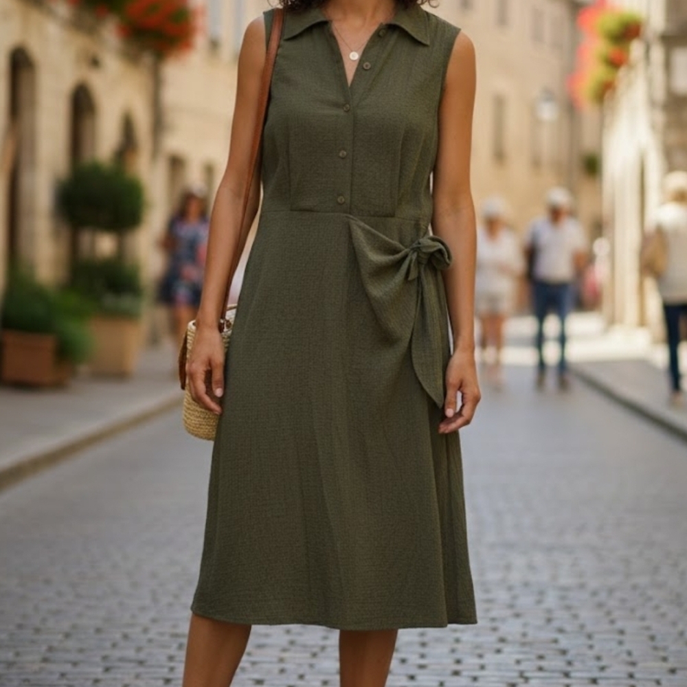 Elegant Olive Green Sleeveless Dress